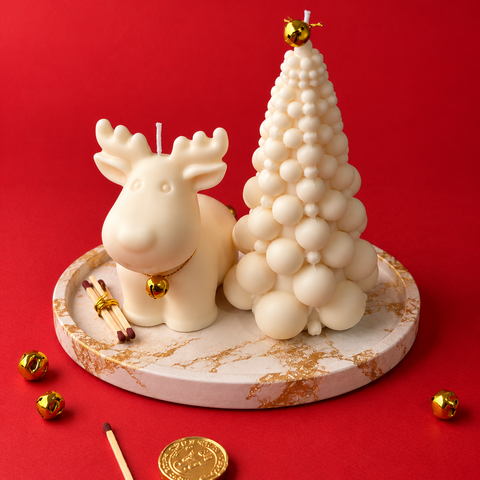 Kit Velas Decorativas Reno y Árbol de Navidad con Bandeja