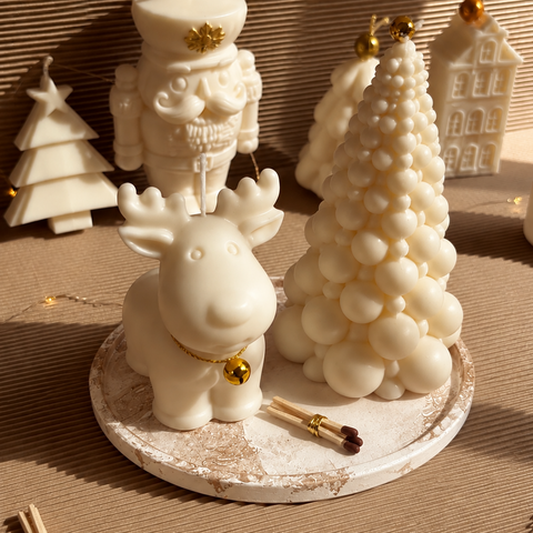 Kit Velas Decorativas Reno y Árbol de Navidad con Bandeja