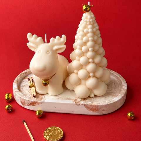 Kit Velas Decorativas Reno y Árbol de Navidad con Bandeja